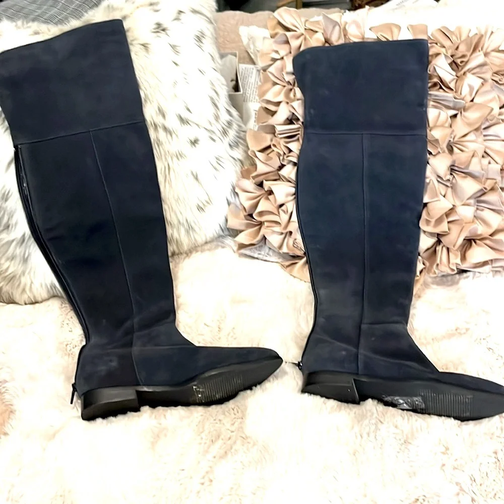 Seychelles Dark Midnight Blue Gray Suede Leather Knee-high Almond Toe Boots Sz 6
